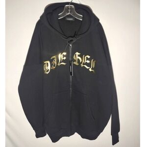 Diesel Men Black Full Zip Hoodie Gold Gothic Logo‎ XL Made in Bulgaria